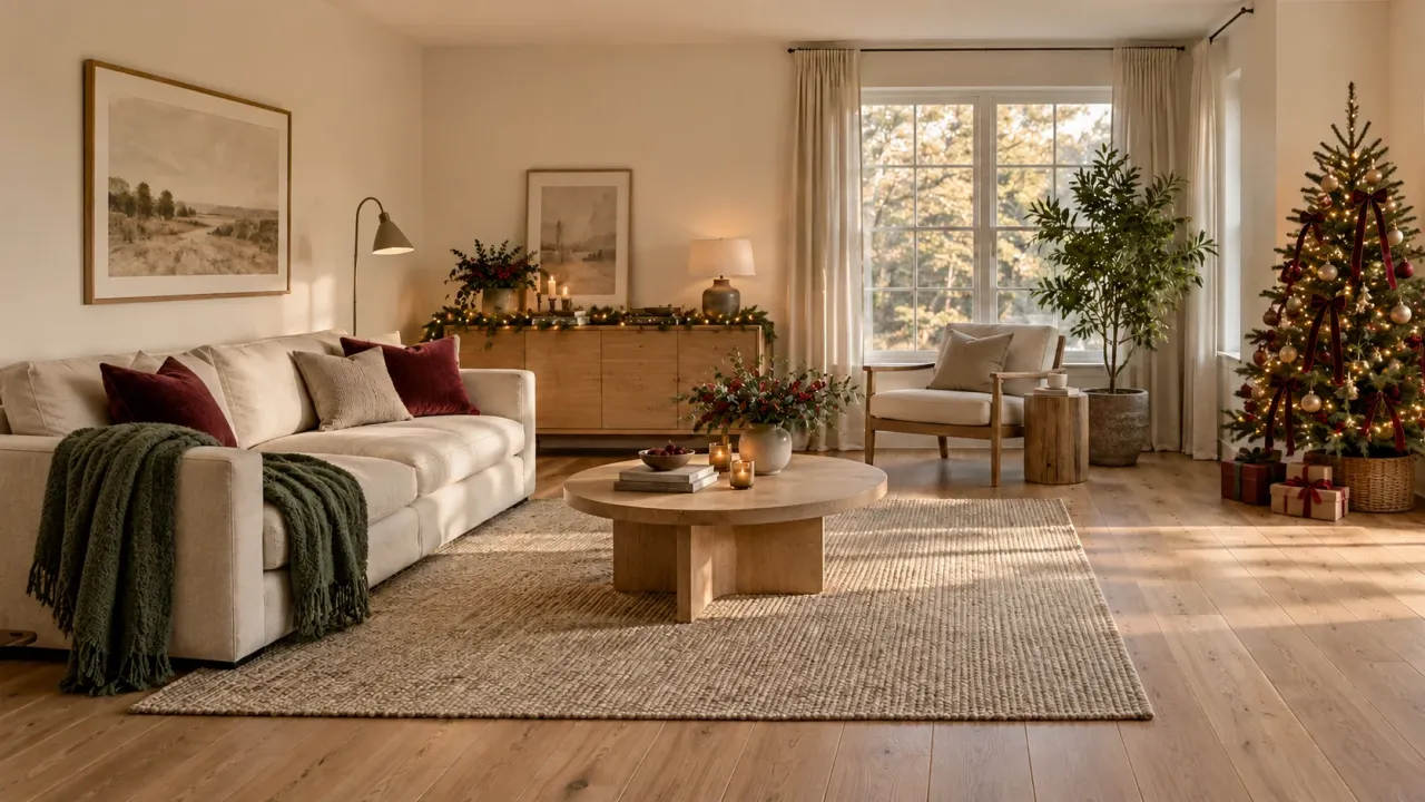 Cream sofa and oak furniture in a sunlit living room — Christmas