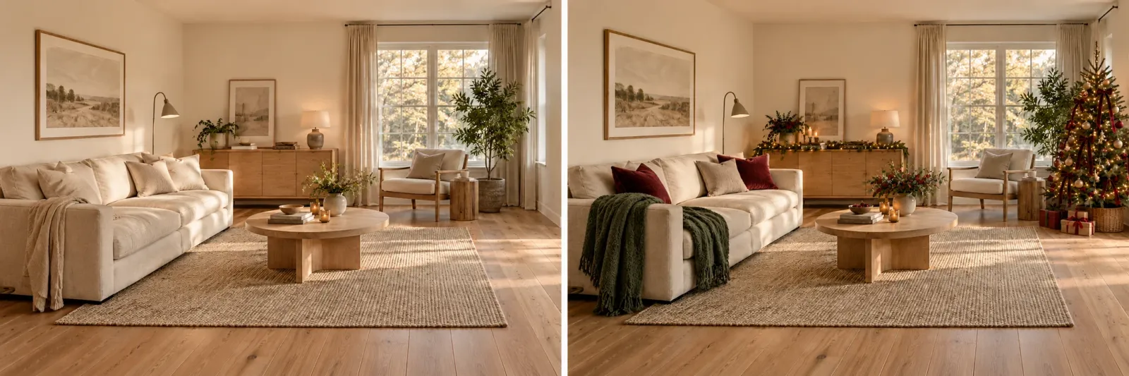 Living room · Christmas. Left: everyday room. Right: holiday decoration concept.