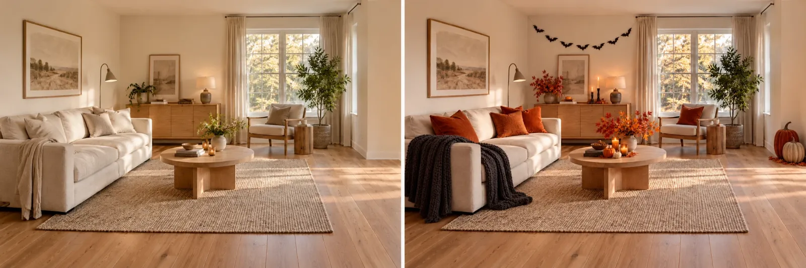 Living room · Halloween. Left: everyday room. Right: holiday decoration concept.