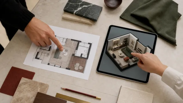 Illustration of a 2D floor plan alongside a furnished 3D room