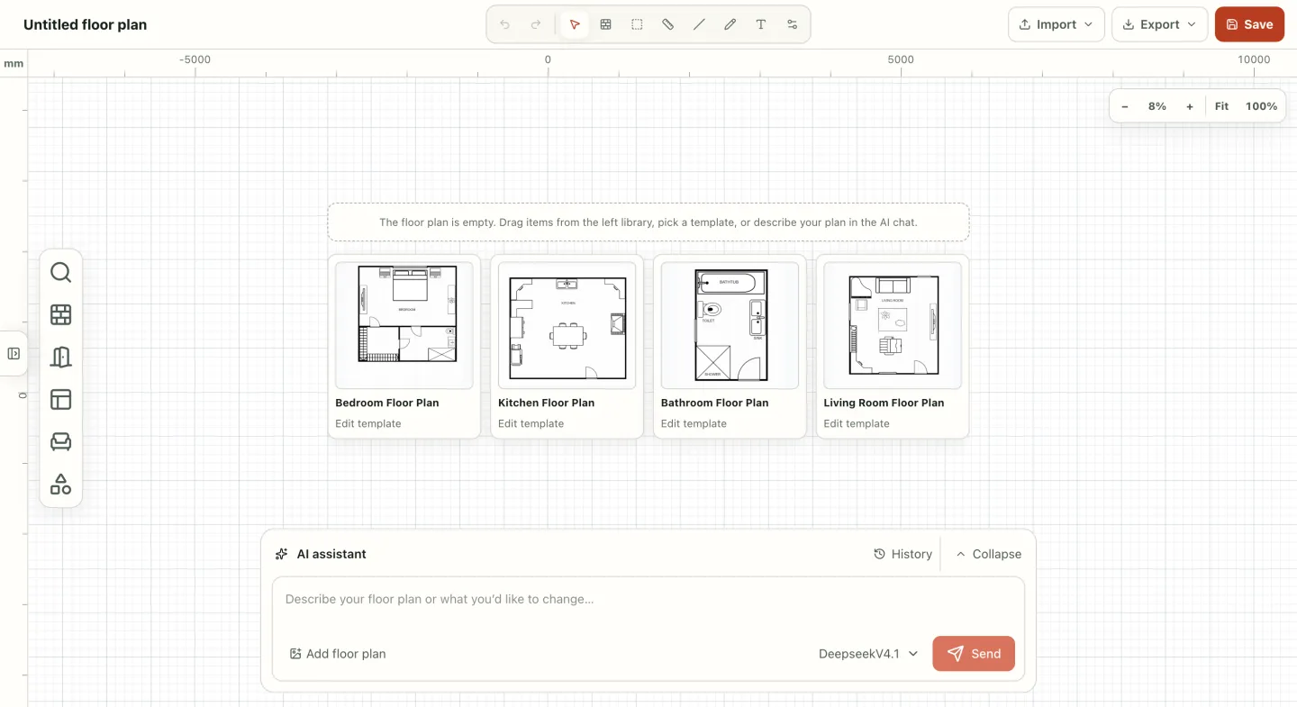 floor plan creator workspace with editable templates, drawing tools, plan library, and PNG export