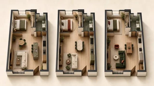 Three illustrative 3D apartment layouts with different furniture arrangements