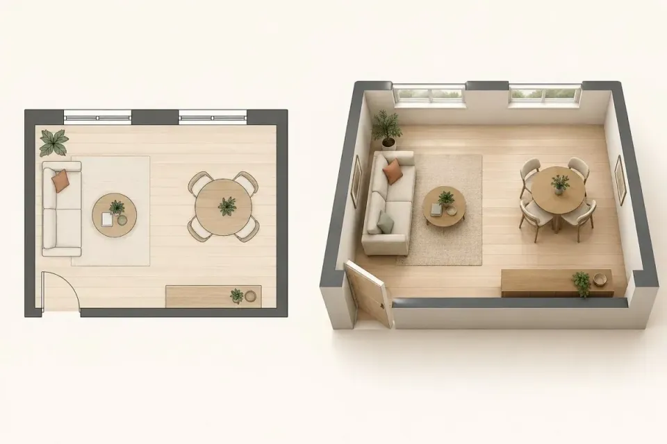 Floor plan to 3D upload transforming a 2D drawing into a furnished apartment model