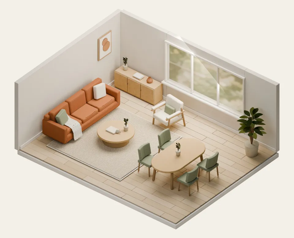 Furnished 3D room, layout A — floor plan to 3D comparison
