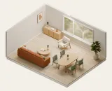 Furnished 3D room, layout B — floor plan to 3D comparison