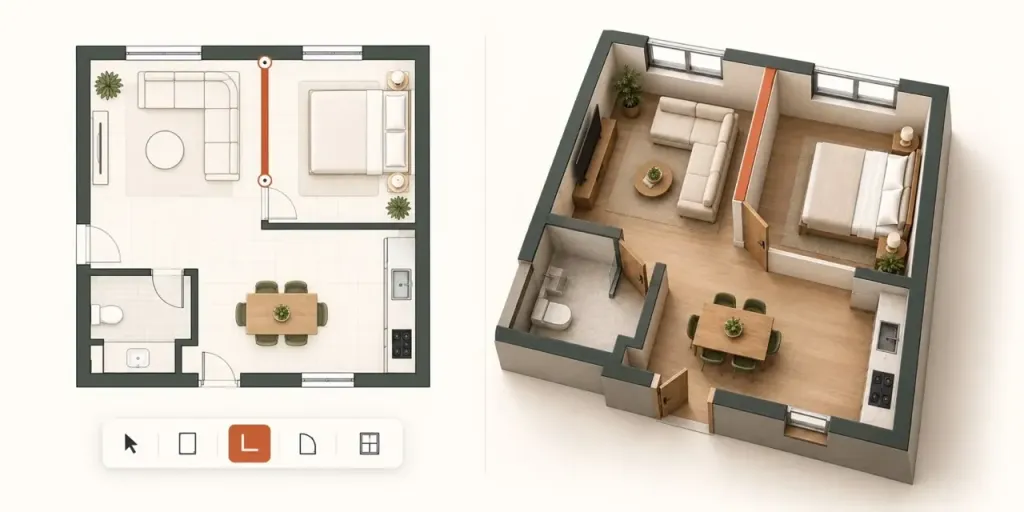 Floor plan to 3D editor drawing a custom wall in matching 2D and 3D views
