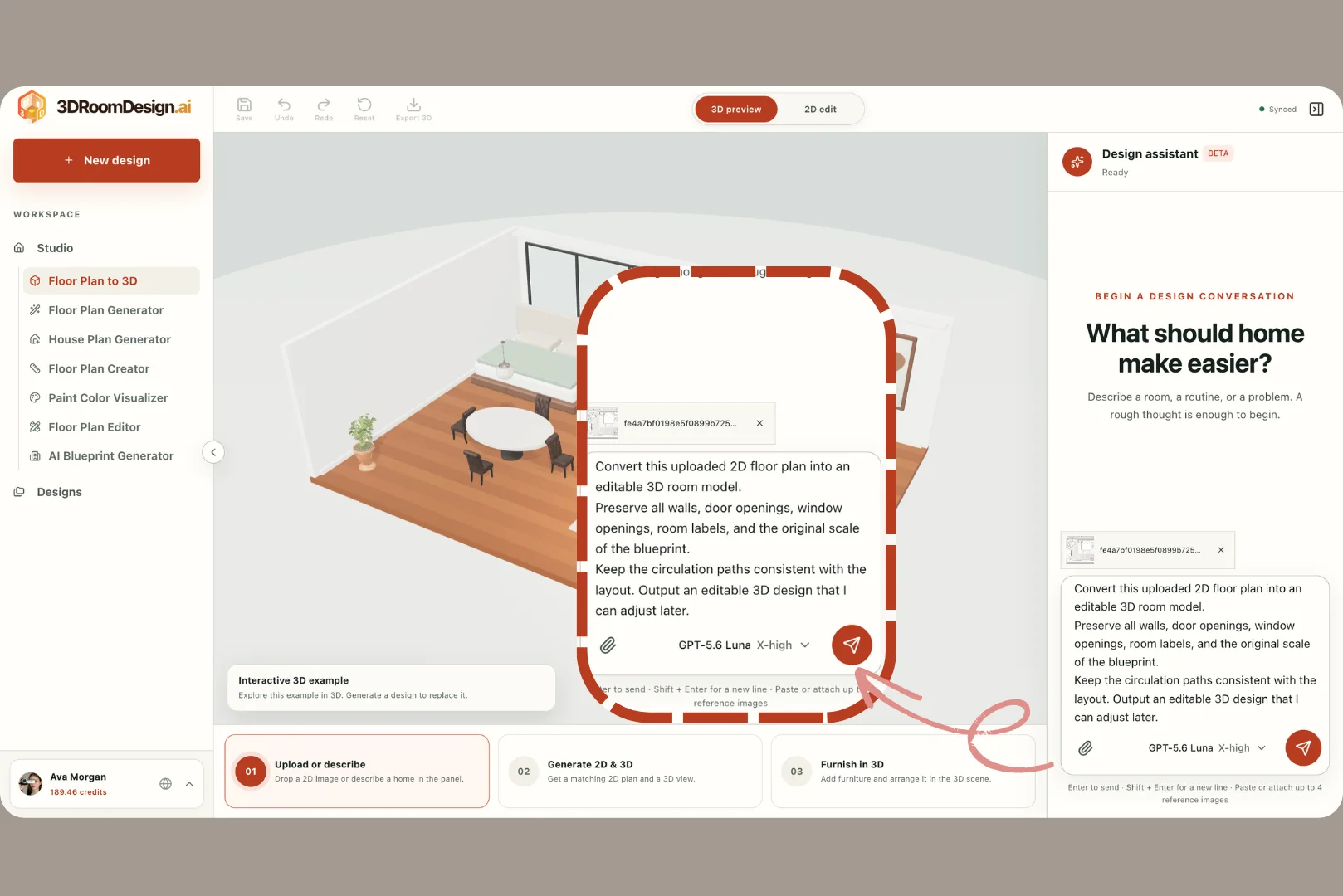 An uploaded floor plan and prompt inside the 3DRoomDesign.ai 3D workspace