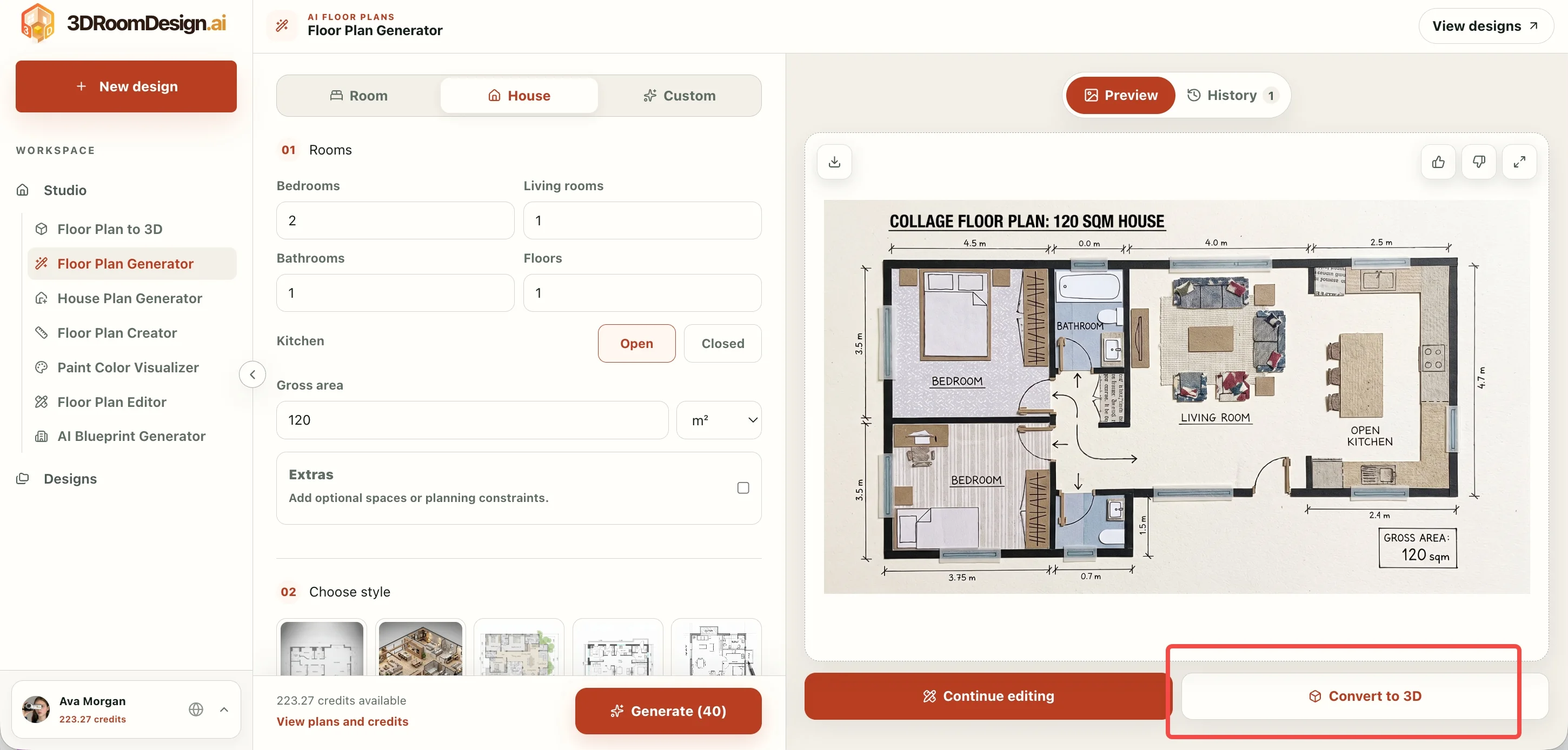 Floor Plan Generator showing room settings and a generated house plan with Convert to 3D highlighted