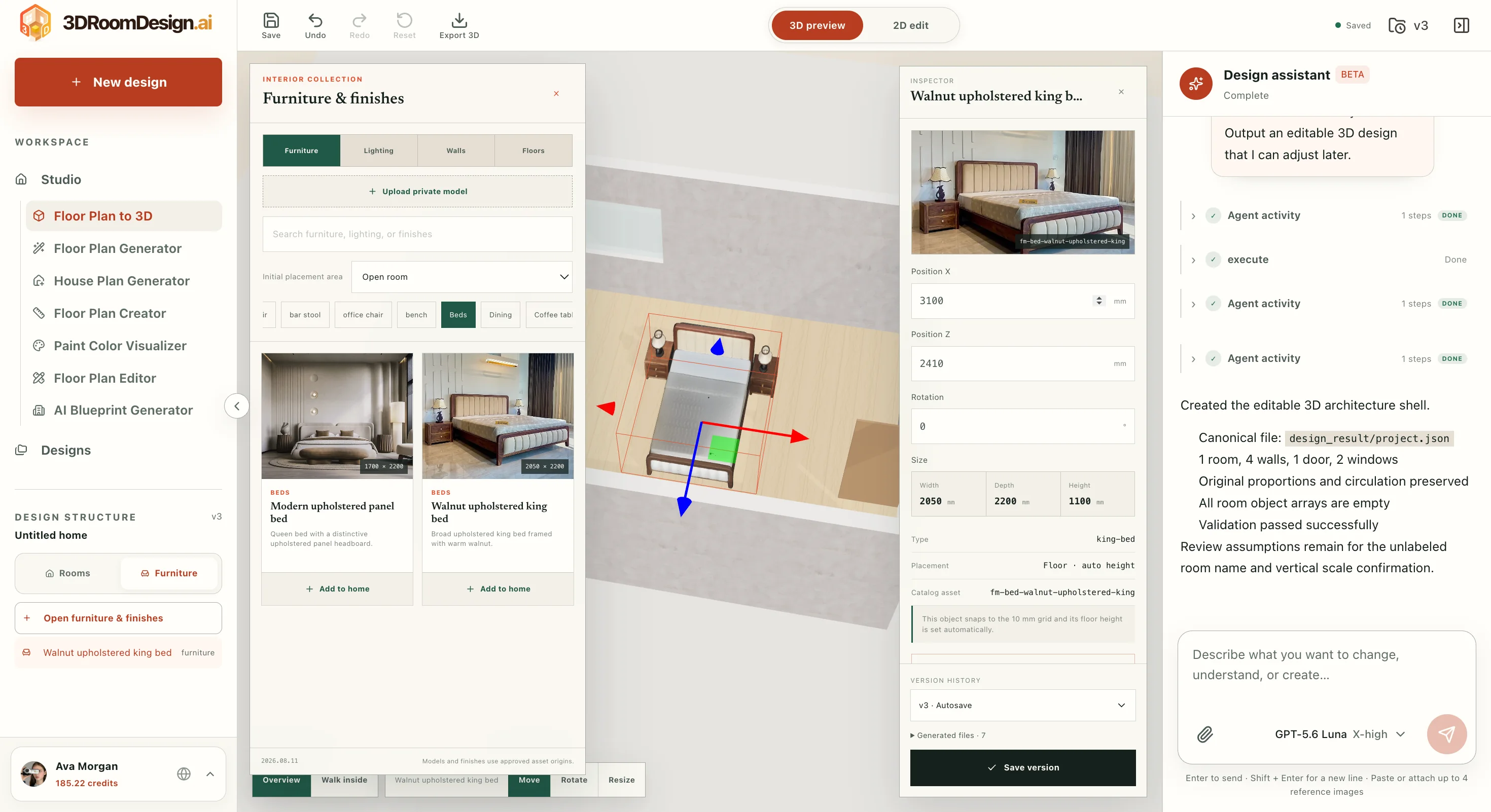 3D room editor with the furniture catalog, selected bed controls, and Design assistant visible