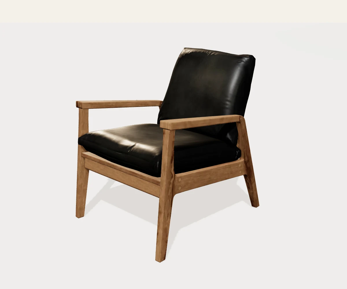 Wooden armchair with dark upholstered seat and back, shown at a three-quarter angle