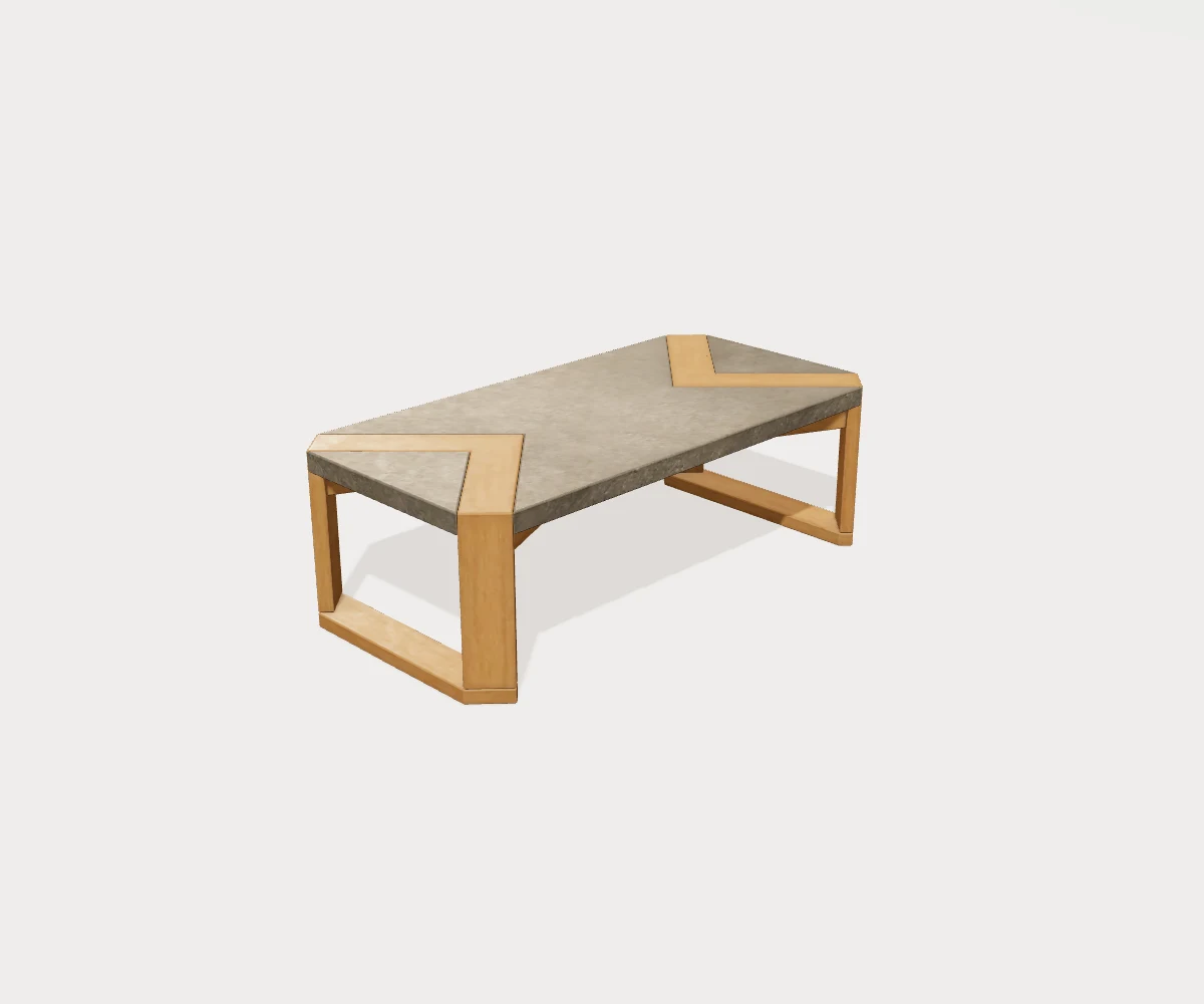 Wooden coffee table demonstration model showing the top and supporting legs