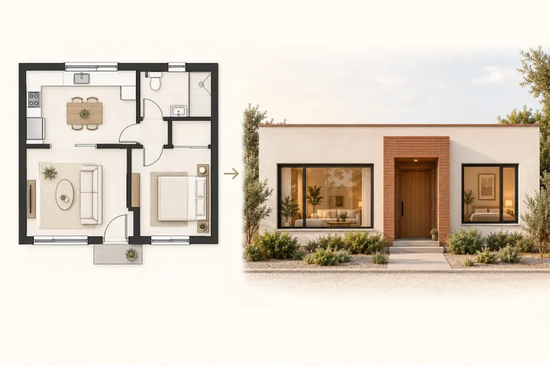 A single-storey floor plan alongside its front exterior with a central entrance and windows on both sides