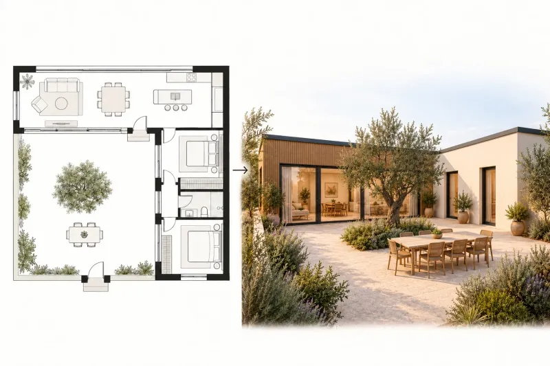 An L-shaped courtyard floor plan alongside the finished building exterior viewed from the courtyard