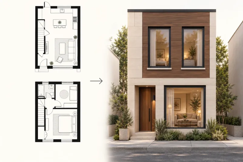 Ground-floor and upper-floor plans alongside a two-storey townhouse exterior