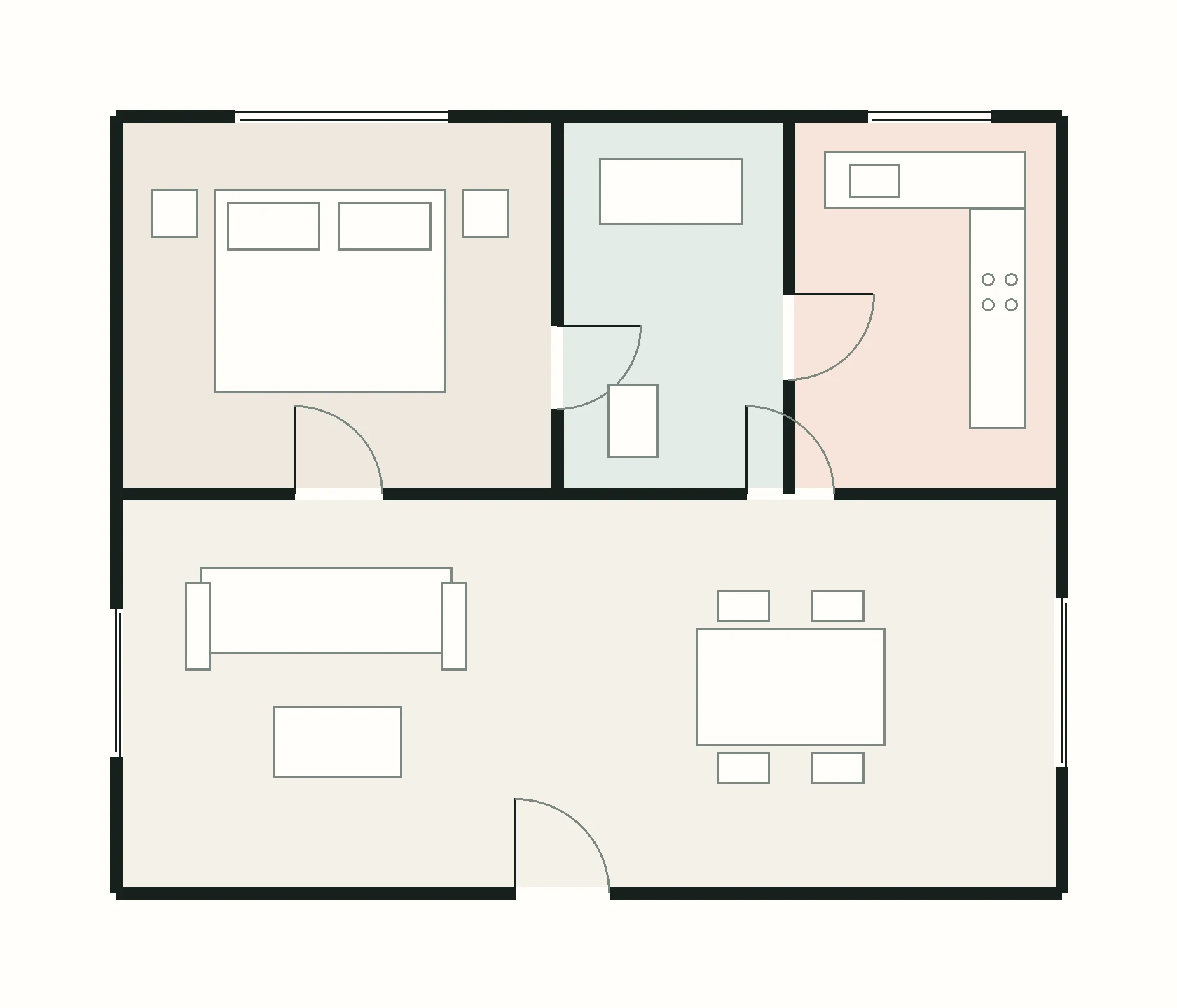 Clean illustration of the same layout, with matching walls, doorways and furniture