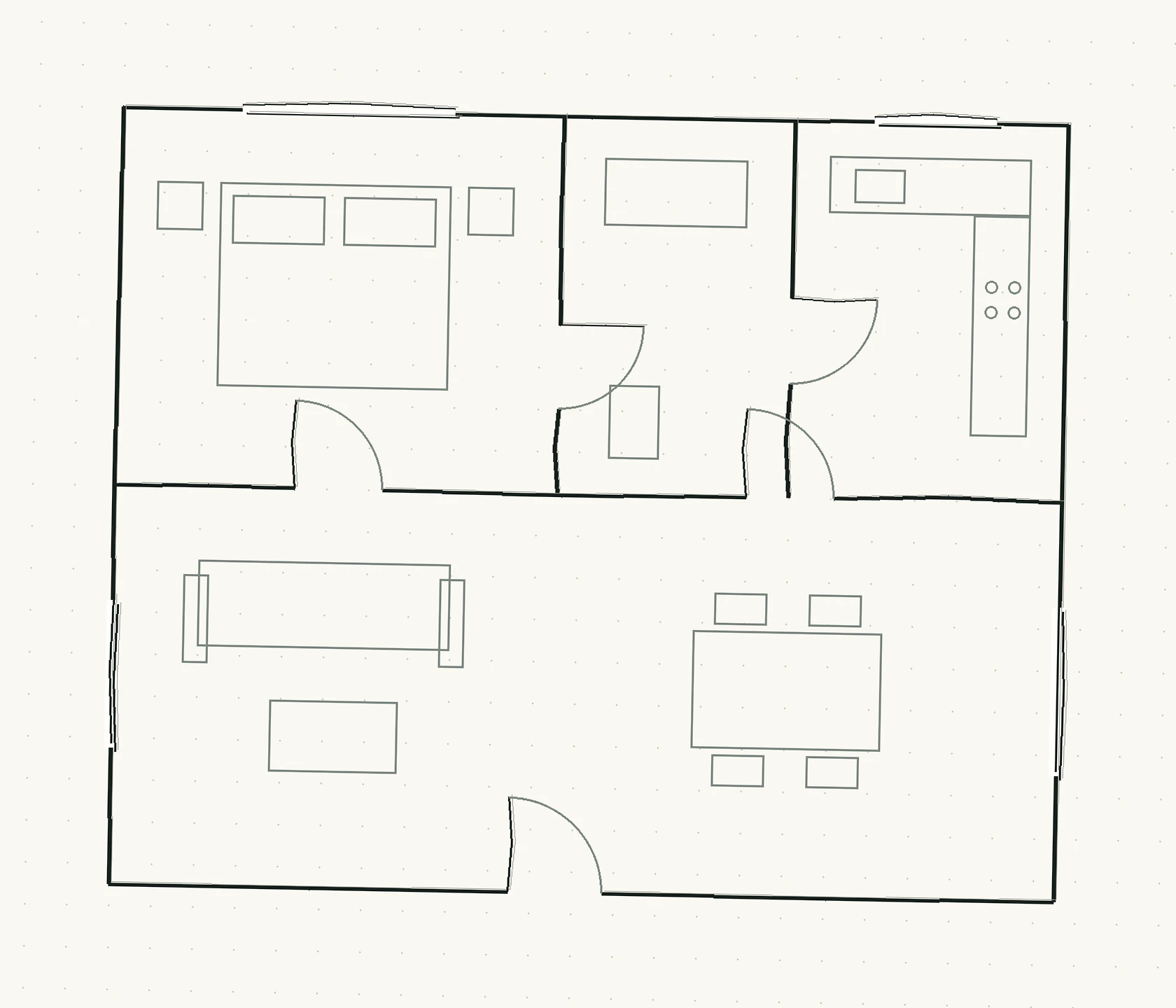 Illustrated hand-drawn one-bedroom layout with kitchen, bathroom and living area