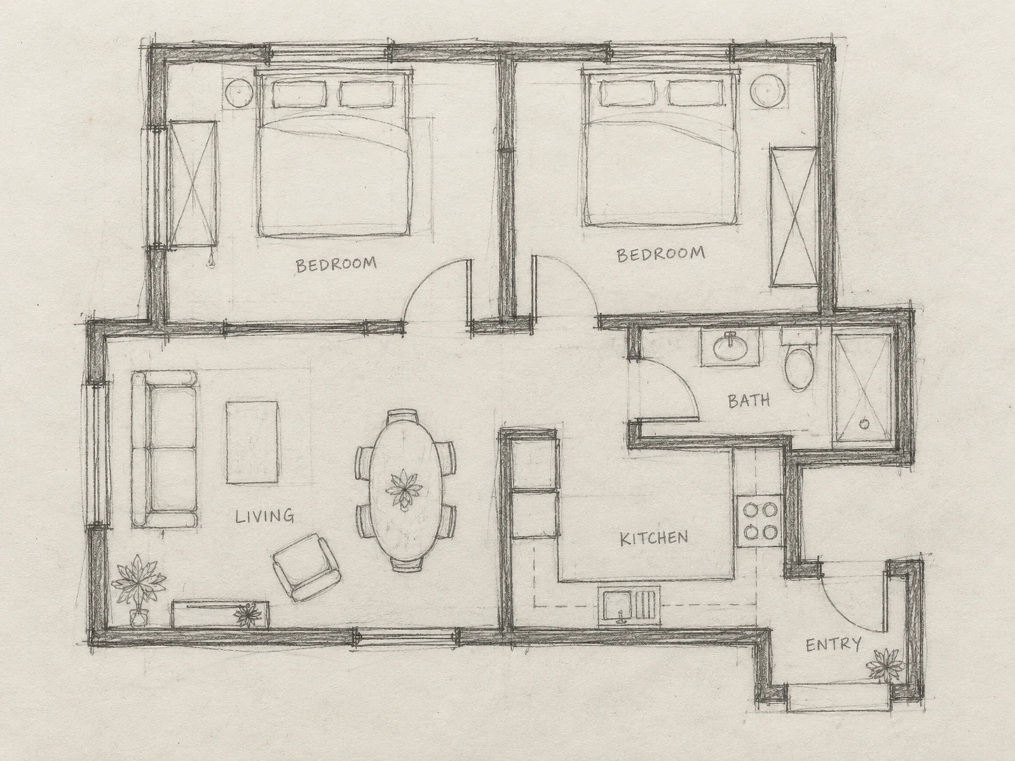 Freehand pencil sketch of a two-bedroom apartment with rough wall lines and handwritten room labels