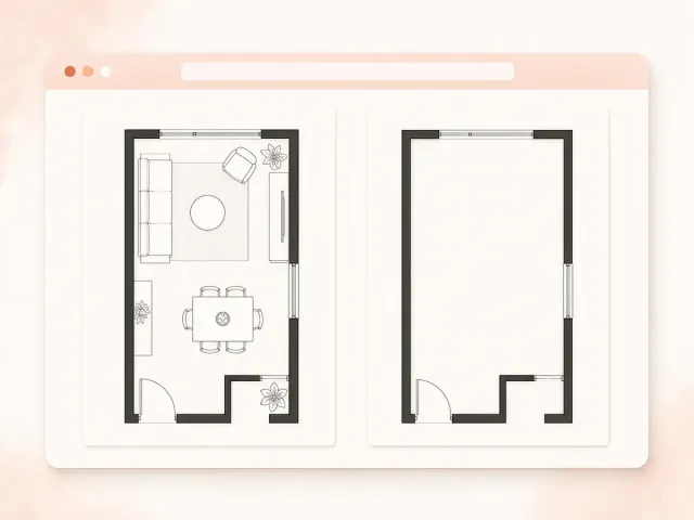 Illustration of a living and dining floor plan, with and without furniture